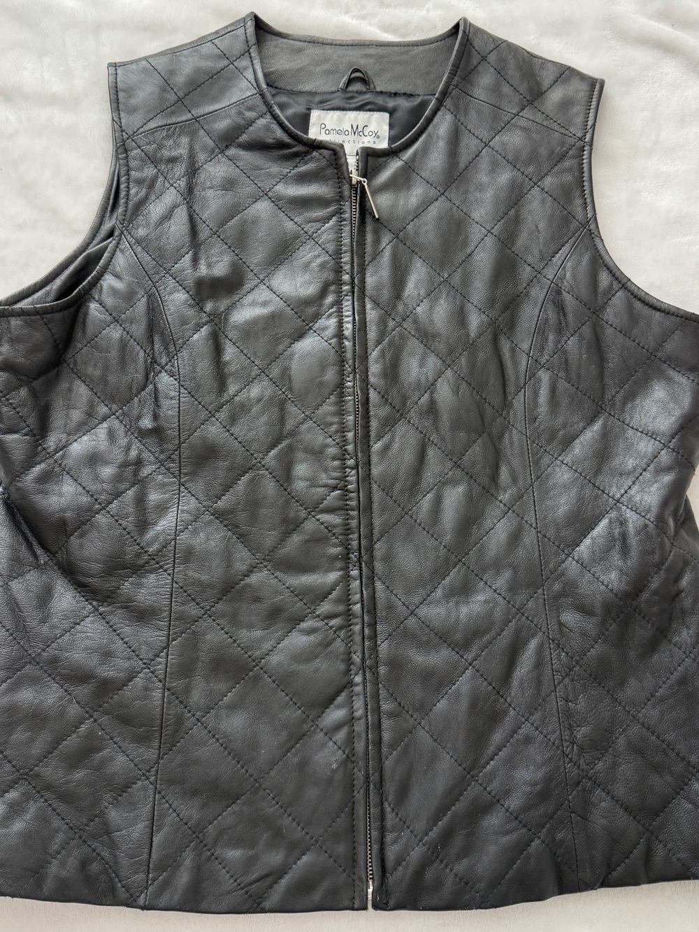 Pamela McCoy Genuine Leather Quilted Zip Vest Black Large